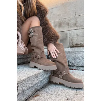 Dámské kozačky BIG STAR SHOES Kožené semišové dámské kozačky s přezkami zateplené Big Star OO274A182 Barva: Béžová, Velikost: 41