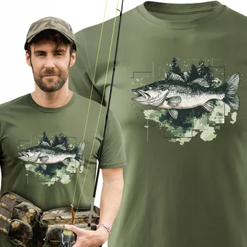 Pánské tričko Rybářské tričko T-shirt s potiskem RYBY - 100% bavlna, khaki barva, vel. S