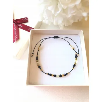 Náramek Dámský zlatý náramek 585 provázkový s hematity na černé šňůrce 14kt