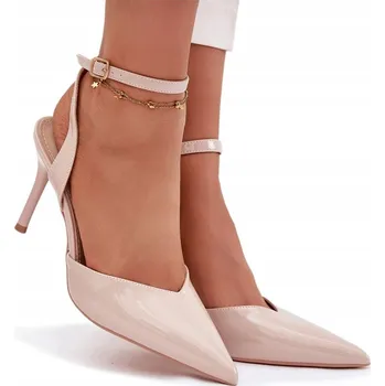 Dámské lodičky LODIČKY NA JEHLÁCH DÁMSKÉ LAKOVANÉ EKO KŮŽE S ODKRYTOU PATOU BÉŽOVÉ 39