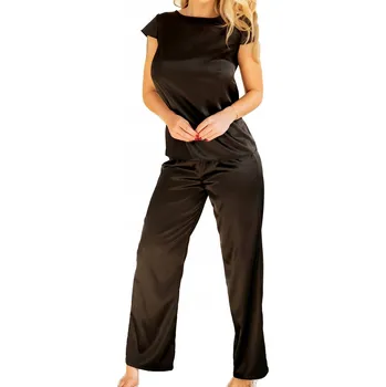 Dámské pyžamo DÁMSKÉ LETNÍ PYŽAMO Komplet Lombok XL Černé Dlouhé Saténové Dlouhý Spodní Díl a Top