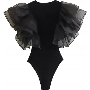 Body MD černé body s volánkem na ramenou, černá halenka žebrovaná | M/38