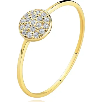 Prsten Zlatý prsten 585 - tenká lesklá ramena, kruh vykládaný čirými zirkony - Velikost: 56