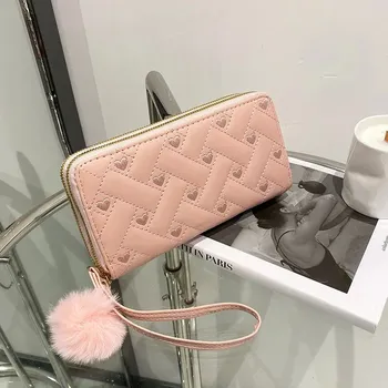 Peněženka Dlouhá peněženka s poutkem na mobil | dámská peněženka peněženka na zip - Růžová