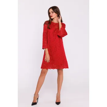 Dámské šaty ŠATY ELEGANTNÍ DENNÍ DÁMSKÉ TRAPEZOVÉ KRAJKOVÉ ČERVENÉ 44 XXL