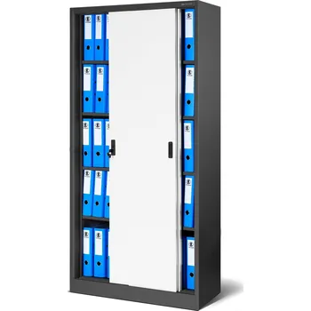 Policová skříň Nábytek PEGAS Kancelářská kovová skříň s posuvnými dveřmi KUBA, 900 x 1850 x 400 mm, antracitově-bílá