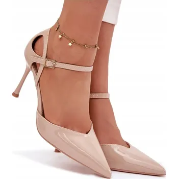 Dámské lodičky LODICKY DÁMSKÉ EKO KŮŽE LAKOVANÉ S PÁSKEM VEČERNÍ BÉŽOVÉ 37