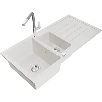 Granitový dřez MEXEN/S - Andres granitový dřez s odkapávačem včetně baterie Flora, bílá 6515-20-670401-06