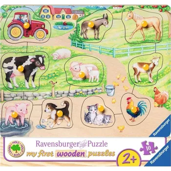 Puzzle Ravensburger dřevěná vkládačka Ráno na farmě