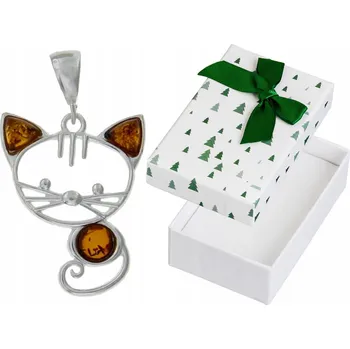 Přívěsek Stříbrný Přívěsek Kočka s Jantarem Dámský Stříbrný Přívěsek Koťátko s Mašlí