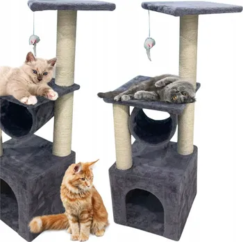 Vysoké škrabadlo pro kočky s domečkem a myškou, šedé