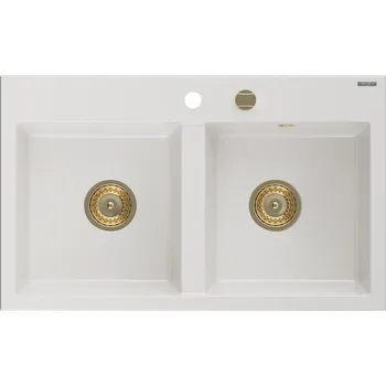 Granitový dřez MEXEN/S - Hektor granitový dřez 2-bowl 800 x 480 mm, bílá, zlatý sifon 6521802000-20-G