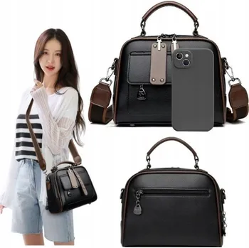 Kabelka Dámská Kabelka ČERNÁ HNĚDÁ přes Rameno Pásek do Ruky na Zip Kufřík