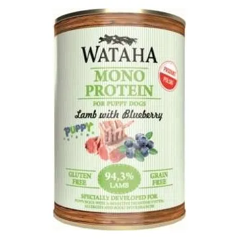 Krmivo pro psa VLHKÉ KRMIVO WATAHA MONOPROTEINOVÉ PUPPY 94,3 % JEHNĚČÍ S BORŮVKAMI 400G