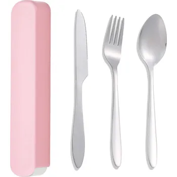 Příbor Cestovní sada příborů z nerezu | příbor na cesty | jídelní sada - Růžová