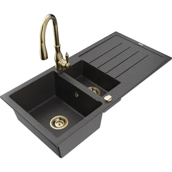 MEXEN/S - Andres granitový dřez s odkapávačem včetně baterie Savita, černá nakrapiany 6515-76-672601-50