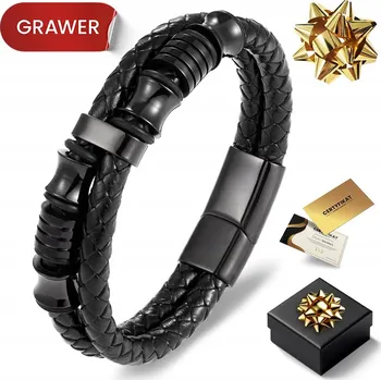 Náramek ČERNÝ KOŽENÝ PÁNSKÝ NÁRAMEK TITANOVÝ GRAVÍROVÁNÍ DÁREK PRO MUŽE, TÁTU