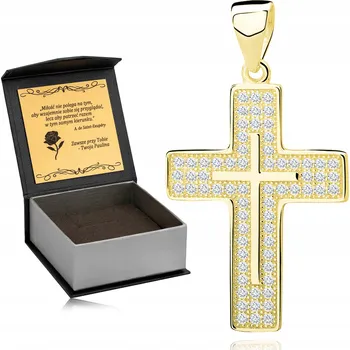 Přívěsek PÁNSKÝ LESKLÝ ZLATÝ KŘÍŽ STŘÍBRO RYZOST 925 POZLACENÝ KŘÍŽEK + ZIRKONY