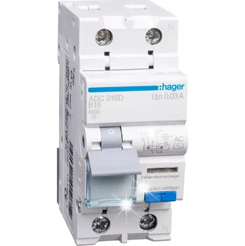 Jistič HAGER ADC916D proudový chránič s jističem 2P B 16A 6kA 30mA typ AC ADC916D