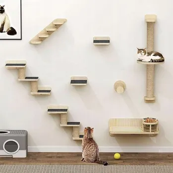 Nástěnné police pro kočky Dřevěné Sada 8 dílů Škrabadlo misky sloupky