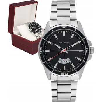 Hodinky Pánské hodinky náramek datumovka velký stříbrný quartz krabička Beltimore