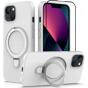 Pouzdro na mobilní telefon Pouzdro Magnetic Ring MagSafe Case pro Apple iPhone 13 - Bílé + SKLO 9D