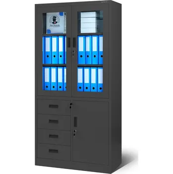 Jan Nowak Kancelářská prosklená kovová skříň na dokumenty se zásuvkami WIOLA, 900 x 1850 x 400 mm, antracitová