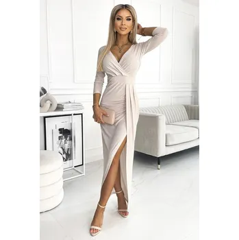 Dámské šaty Lesklé šaty s rozparkem na noze BÉŽOVÁ XS