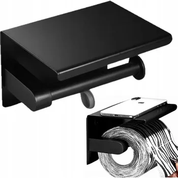 Držák toaletního papíru Aptel černý kovový nástěnný s poličkou AG887