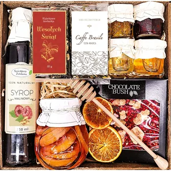 Dárkový potravinový koš Dárkový koš BOX DÁRKOVÁ SADA DÁREK ČAJ MED SIRUP KVĚTINY