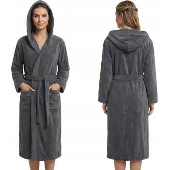Dámský župan Dámský župan TEPLÝ 100% Bavlna FROTÉ Kapuce VELLUTO SPA Šedý XXL