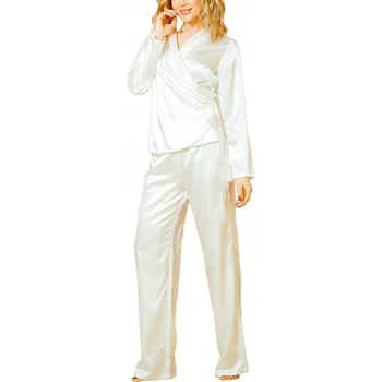 Dámské pyžamo DÁMSKÉ PYŽAMO Komplet Rawa L Ecru Saténové pyžamo Dlouhé Široké Kalhoty