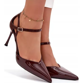 Dámské lodičky Lodičky na jehlovém podpatku z lakované eko kůže s páskem, čokoládové, velikost 39