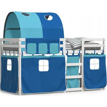 Postel Dětská patrová postel se závěsy modrá 90 x 190 cm borovice