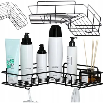 Drátěná police ROHOVÁ POLICE DO KOUPELNY POD SPRCHU ZÁVĚSNÁ LOFT ČERNÁ S HÁČKEM