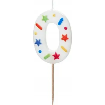 Dortová svíčka Svíčka na dort " Číslice 0 - konfety", bílá, PartyDeco, 10 cm