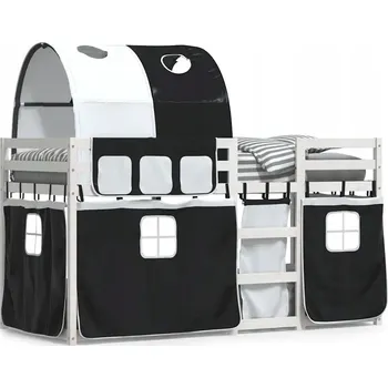 Postel Dětská patrová postel se závěsy bílá a černá 90x190 cm borovice