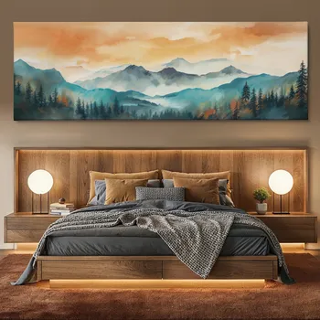 Obraz Obraz na plátně - Východ slunce v mlhou zahalených horách FeelHappy.cz Velikost obrazu (šířka x výška): 60 x 20 cm