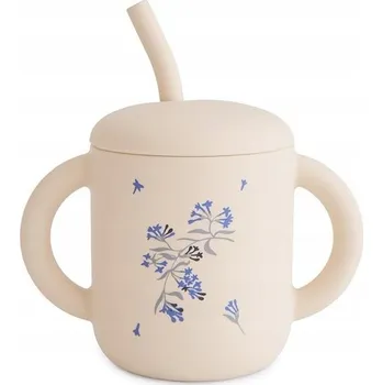 MUSHIE Silikonový hrneček se slámkou Lilac Flowers (Fialové Květiny)