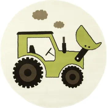 Koberec Průměr 120 cm KULATÝ SVĚTLÝ KOBEREC KIDS ZELENÝ TRAKTOREK KOPARKA