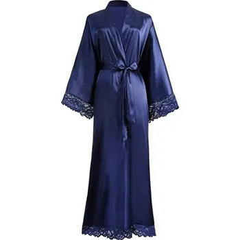 Dámský župan Dámský župan s krajkou Elegantní lehký župan s hedvábným leskem Zavazování na tkaničku Luxusní pohodlný župan z hebkého polyesteru tmavě modrá L