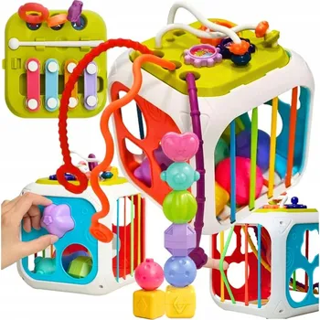 ostatní stavebnice Smyslová kostka, edukační třídič MONTESSORI 7v1, xylofon, Stavebnice, tvary