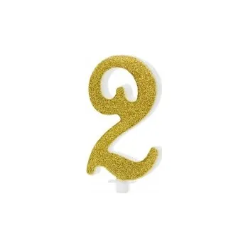 Dortová svíčka Narozeninová svíčka číslice 2. narozeniny zlatá Brokat