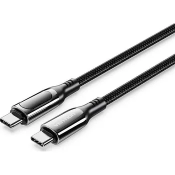 Datový kabel Vention Cotton Braided USB-C 2.0 5A Cable With LED Display 1.2m Black Zinc Alloy Type