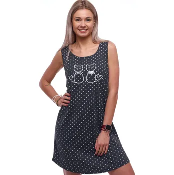 Dámské noční prádlo Tmavě šedá puntíkatá dámská noční košilka bez rukávů s kočkami 1C4059 šedá s
