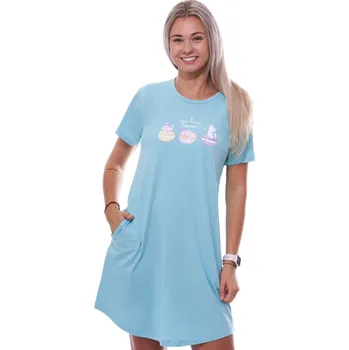 Dámské noční prádlo Azurová noční košilka s krátkými rukávy pro ženy či dívky s koťátky 1C3831 modrá s