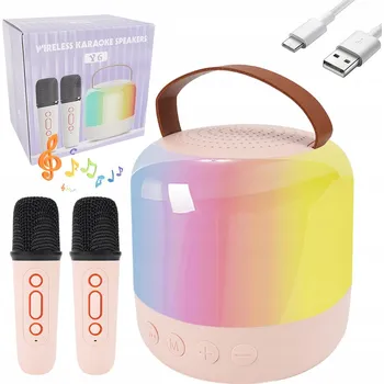 Mikrofon KARAOKE REPRODUKTOR S DVĚMA BEZDRÁTOVÝMI MIKROFONY LED PŘENOSNÝ RŮŽOVÝ