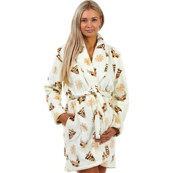 Dámský župan Smetanový, béžový i hnědý huňatý župan s límcem pro ženy na kojení s jeleny, sněhové vločky a Vánoce 1Z1429 béžová xxl