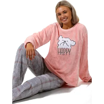 Dámské pyžamo Růžová i šedá károvaná extra teplá souprava na zimu pro plnoštíhlou ženy HAPPY bílý pejsek, big 1Z1452 růžová 4xl