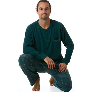 Pánská móda Zelené a vínově kárované termo hřejivé pyžamo s knoflíky u krku pro plnoštíhlé muže 1TB0072 zelená 1xl